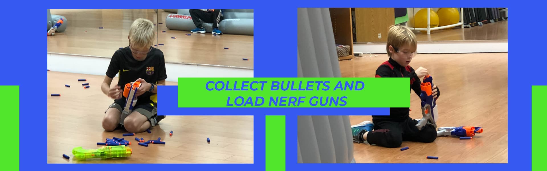 Kids collecting nerf bullets and reloading